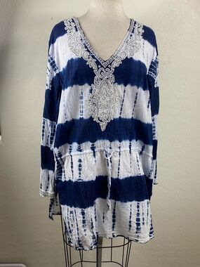 Navy & White Tie-Dye V-Neck Swim Coverup Tunic with Lace Detail Resort, pool,